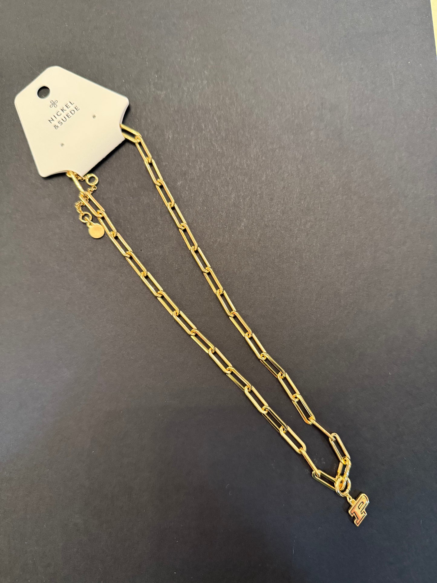 Nickel & Suede Paper Clip Chain with Purdue University Charm Necklace
