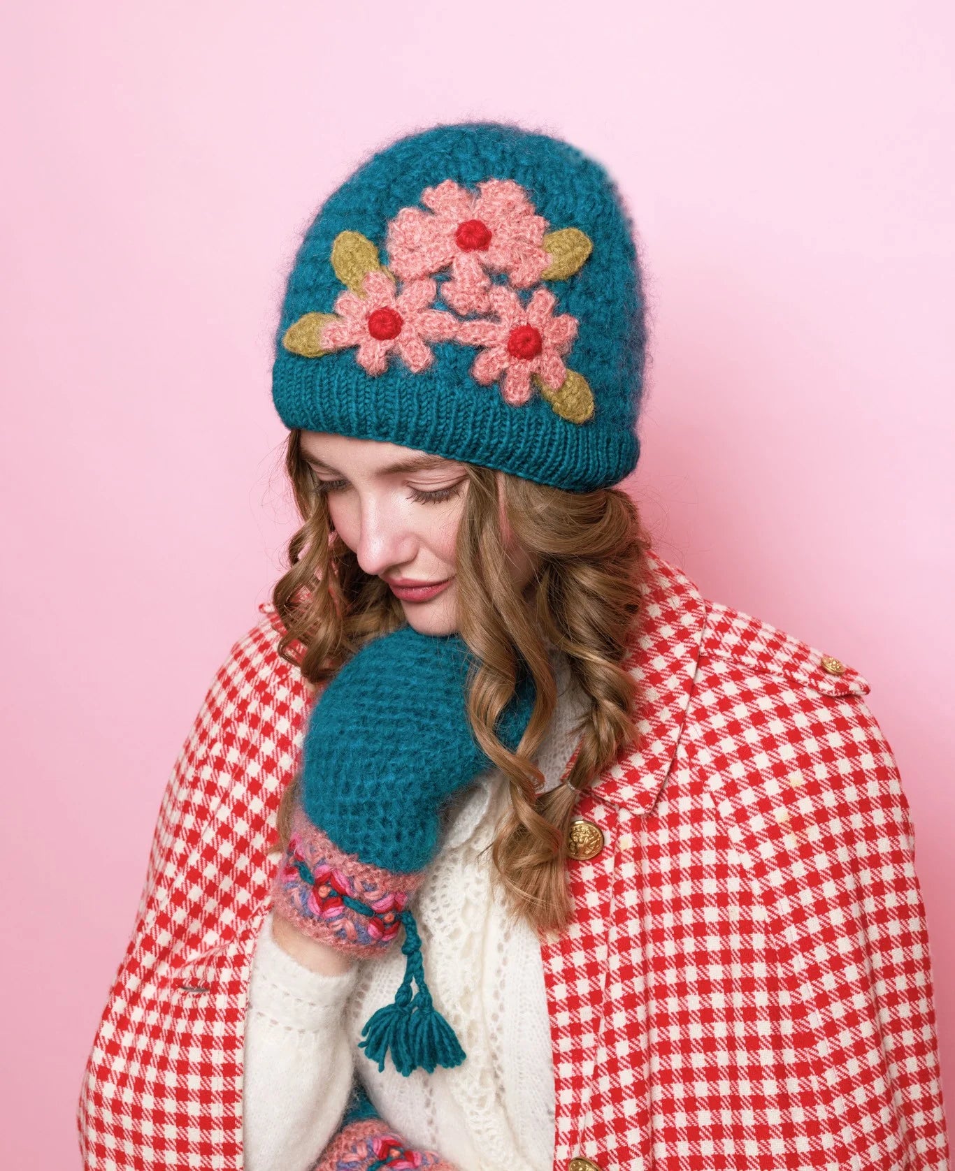 New - French Knot Purple and Red Knit Beanie with Embroidery Aubrey Beanie - Wool Floral Knit Winter Hat with Two-Tone  main image 2