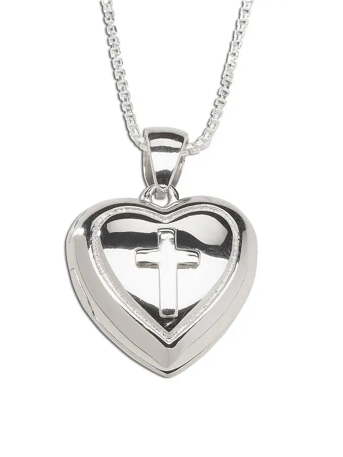 Sterling Silver Girls Heart Locket with Cross Kids Necklace