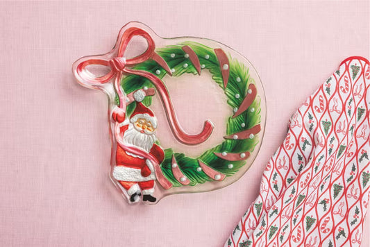 Mud Pie Santa Bow Wreath Glass Platter