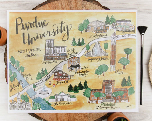 Purdue University Yellow Campus Map Print