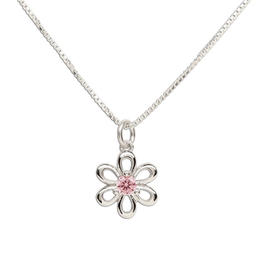Sterling Silver Girls Pink Daisy Flower Necklace